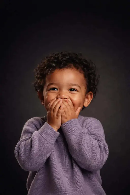Cinematic 2:3 vertical editorial studio portrait of a giggling two-year-old mixed-race boy in a lavender sweater against a seamless near-black gradient with warm highlights and subtle film grain.