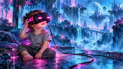 An illustrated toddler in a gray shirt wearing a VR headset with magenta lights, hand on the strap.