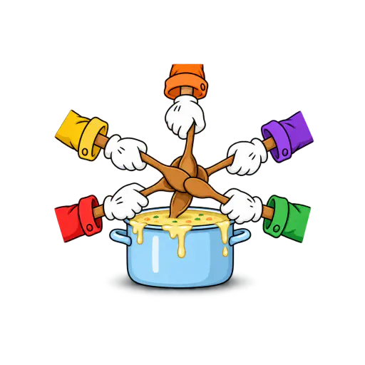 Too many cooks spoil the broth: five white cartoon gloves on differently coloured chef sleeves crowd one small enamel soup pot, their five wooden spoons jammed in a knot above the mouth as soup spills down the sides. The image visualises the idiom's meaning, that excessive uncoordinated participation can damage an outcome.
