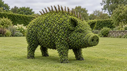 Hedgehog: a small pig-shaped garden sculpture stands on a mown lawn, its whole body formed from trimmed green hedge: a rounded leafy barrel body, a rounded snout of denser foliage, four short leafy legs and a single row of stiff twig-like spines along its back. Overcast daylight falls evenly in…
