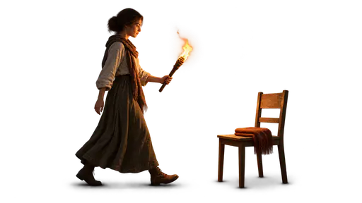 Carrying a torch for someone: a person carrying a small steady torch approaches an empty wooden chair holding a folded scarf, flame leaning toward the chair while the carrier gazes only at it, isolated on transparency.