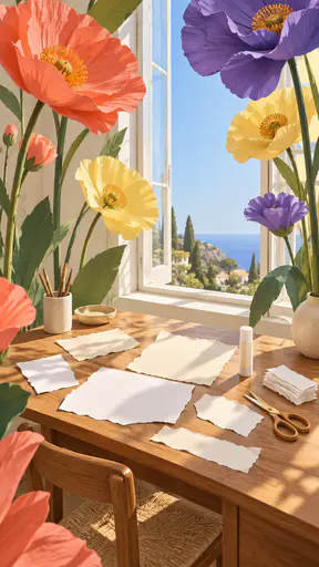 Torn pieces of blank paper and torn strips lie scattered across a wooden desk with a glue stick and scissors beside giant stylised flowers under a clear sky.