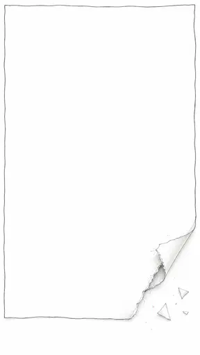 The torn and curling corner of a blank sheet of paper has a triangular piece missing and a few loose scraps nearby in wobbly pen lines on white.