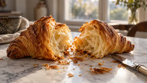 A croissant torn open on grey-veined white marble, glossy honeycomb layers on the cut faces, scattered flakes, a table knife at the right, window light from behind.