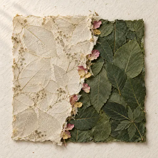A torn sheet of pale leaf skeletons lies over a second sheet of pressed green leaves with a ragged edge revealing the green beneath and a few petals on the seam.