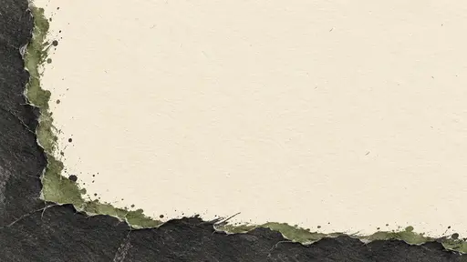A torn moss green and charcoal paper border runs along the bottom and left edges with dry brush flecks revealing a thin line of moss while a calm textured warm cream field fills the upper right.