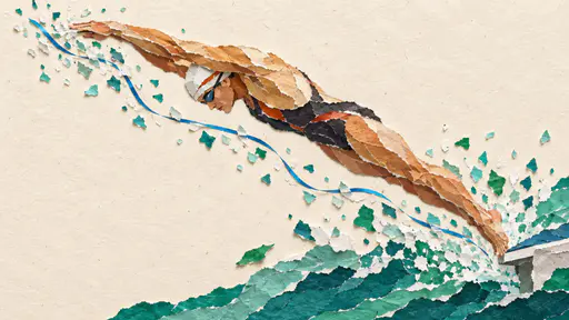 Paper collage artwork of a swimmer diving diagonally, their splash rendered as torn paper flecks with a blue ribbon, on warm cream paper.