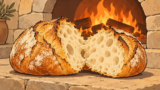A freshly baked round sourdough loaf with a golden crackled crust is torn open to show a soft airy crumb on a stone ledge before a glowing hearth fire.