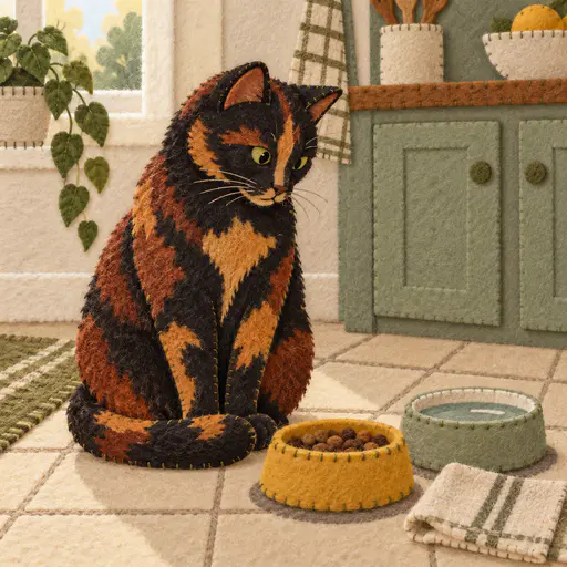 An adult tortoiseshell cat sits upright beside a round mustard food bowl and a water bowl on a tiled kitchen floor in cut felt with stitched edges.