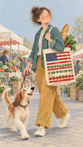 Adult carrying a canvas tote with a flag print at a market with stalls behind. Thirteen stripes and a neat canton ride along.