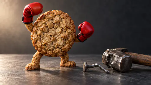 Tough cookie: An oatmeal cookie with red boxing gloves standing intact beside a defeated hammer and bent nail on dark slate.