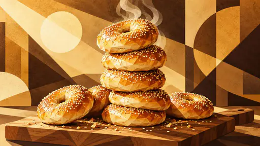Freshly baked bagels stack in a tall tower with glossy golden tops and sesame seeds and steam rising on a wooden board.