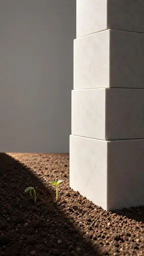 Studio sculpture photograph of a tall pale block tower casting a long hard shadow over a tiny warm soil seedling bed, one shaded green sprout bending at the shadow edge while its sunlit neighbour stands upright.