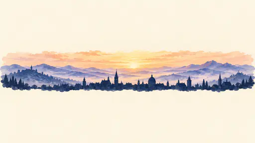 A town skyline of spires, roofs and a dome stands as a dark silhouette against receding misty blue ridges and pines under a glowing peach horizon on cream paper.