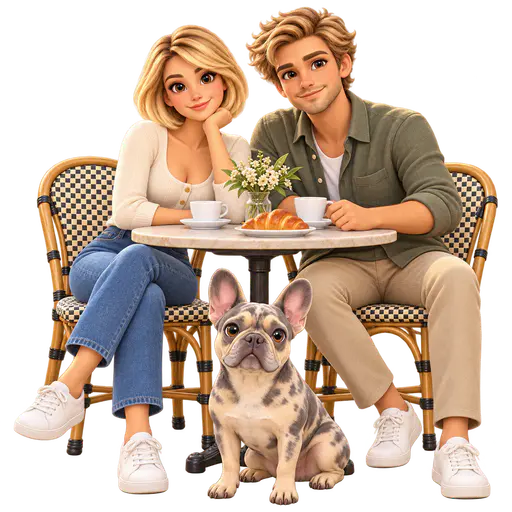 Cute rounded cartoon of a blonde woman, a man and a French bulldog at a cafe table with coffee and a croissant, cut out on transparency