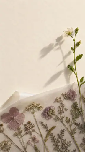 A matte cream sheet seen from above with its centre left blank; pressed wildflower stems in faded mauve and olive run along the lower edge under a translucent tracing sheet whose upper-left corner lifts and curls, while one fresh green stem rises off the sheet and throws a long soft shadow across the empty middle.