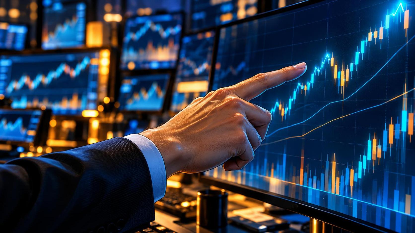 A close up of a trader hand pointing at a rising stock chart on a large monitor with a busy trading desk and several glowing screens of generic graphs blurred behind.