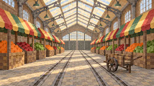 A woven paper-strip image of an empty tram depot market looking down the centre, two pairs of rails converging, five stalls a side with red, yellow and green striped awnings and crates of oranges, apples and lettuce, a saw-tooth glazed roof and a wooden handcart on the right.
