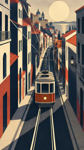A tram line converges up a city street between tall stepped buildings with a cream and brick red tram and a pale sun circle in art deco planes.