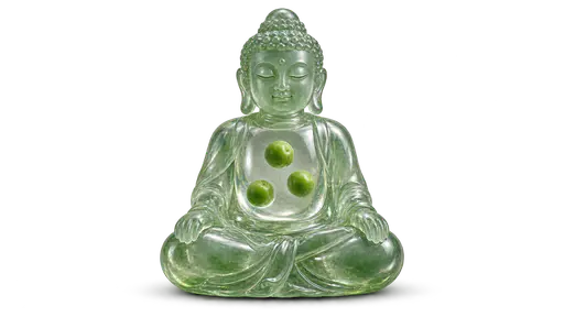 Inner peas: a serene translucent jade figurine seated cross-legged in meditation, three fresh green peas encased inside its transparent torso each separated by visible air, soft light glowing through the stone, isolated on a fully transparent background with only a soft contact shadow.