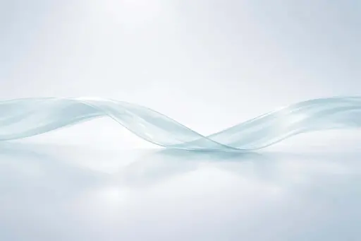 A faithful 3D-render study of a translucent ribbon in a calm cool palette, composed for a 3:2 wallpaper with minimalist negative space and soft lighting.