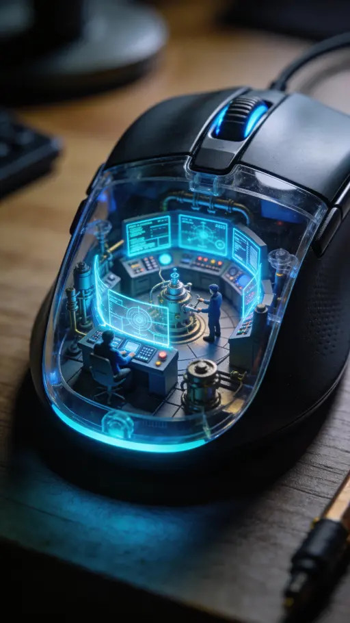 Vertical 9:16 close-up macro of a transparent mouse splitting open to reveal a glowing miniature control room with blue-cyan accents, moody shadows, and a blurred realistic desk background for scale.