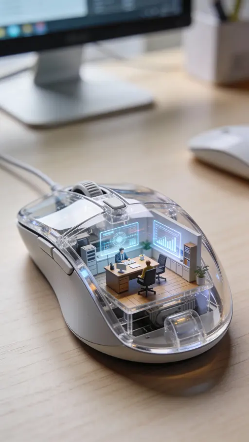 A transparent premium computer mouse reveals a miniature futuristic office diorama inside, set on a clean desk with cinematic light and ultra-realistic CGI detail.