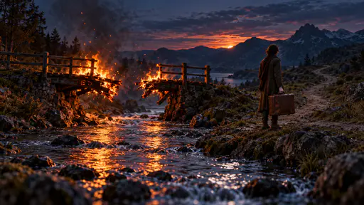 Burning your bridges: a traveler with a suitcase stands on a far stream bank facing a new path while the only wooden footbridge burns through behind them, blocking return.