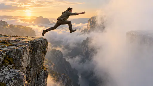 A leap of faith: a traveler frozen mid-leap from a solid stone ledge toward a mist-concealed landing, both feet airborne, dawn light on miniature stone and fog.