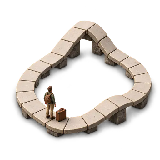 Back to square one: a miniature loop of plain square tiles rising and curving back down to deposit a small traveler on the very first tile beside an unpacked starting suitcase, isolated on transparency with a soft contact shadow.
