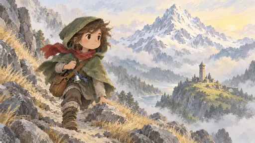 A young traveller in a green hooded cloak and red scarf climbs a narrow mountain pass of grey rock and pale grass with a small silver bell with a blue ribbon tied to a satchel strap, a far snowy peak ahead and a stone tower on a green hill below in soft morning light.