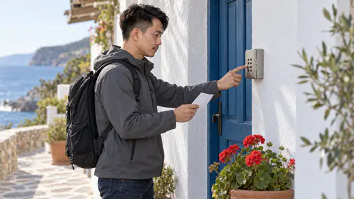 A wiry man with swept-back black hair and a thin moustache in a grey jacket with a grey rucksack presses the buttons of a small steel lockbox on a whitewashed wall beside a blue guesthouse door, holding a folded blank note, a pot of red geraniums beside the door.
