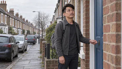 A wiry man with swept-back black hair and a thin moustache in a grey jacket with a small grey rucksack on his back locks a plain blue front door on a quiet street of brick terraced houses and parked cars under a pale overcast morning sky.