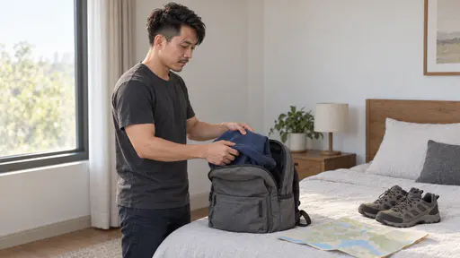 A wiry man with swept-back black hair, a thin moustache and a scar through his right eyebrow in a charcoal t-shirt folds a blue sweater into a small grey rucksack on a made bed beside a folded paper map and a pair of walking shoes in broad window light.