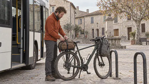 A lean man with an auburn beard and tousled brown hair in a rust fleece straps a small brown duffel bag onto the rear rack of a rented bicycle at a bike rack in a quiet village square beside the bus he just left with his grey rucksack hanging from the handlebars in warm afternoon light.