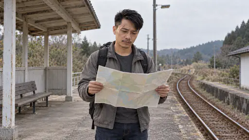 A wiry man with swept-back black hair and a thin moustache in a grey jacket with a grey rucksack holds a paper map open in both hands on a small empty railway platform with a bench, a shelter and a track curving away behind him under soft overcast light.