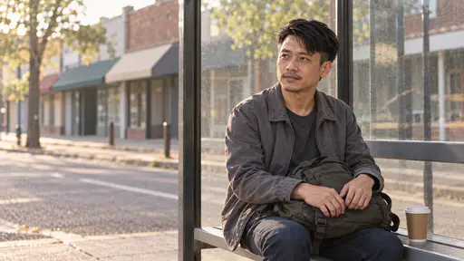 A wiry man with swept-back black hair and a thin moustache in a grey jacket sits in a plain glass bus shelter with a grey rucksack on his lap and a paper coffee cup beside him, looking down an empty town road with shopfronts behind.