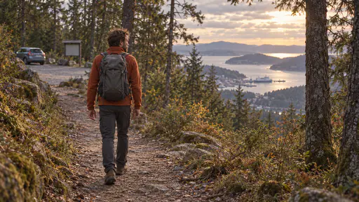 A lean man with tousled brown hair in a rust fleece and walking boots with a grey rucksack on his back walks away along a quiet forest trail in low golden evening light with a small hatchback far behind in a car park and a harbour glimmering far below in the valley beyond the trees.