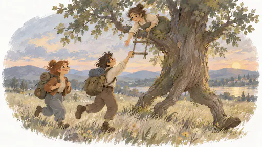 Two travellers with rucksacks jog across a meadow beside a slowly walking tree, one reaching up to grasp the bottom rung of a rope ladder while a woman in a moss-green apron leans down from a low branch to help, root-legs lifting behind them in soft evening light.