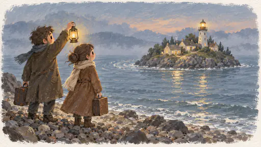 Two travellers in long coats with small suitcases stand on a pebbled shore at dusk, one holding a glowing lantern high, as a round island with cream cottages and a lighthouse glides toward them out of soft blue mist over rippling grey-blue water.