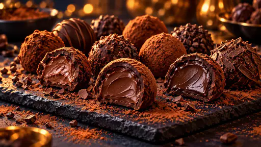 A tray of dark chocolate truffles dusted with cocoa powder with a few cut open to show the creamy ganache centre sits on a dark slate surface.