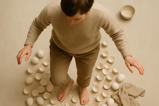 A top-down study of vulnerability: a lone figure gingerly traverses a floor strewn with broken and whole eggshells, each step a negotiation of balance and care. Natural daylight highlights texture and beige tonalities, making the act feel intimate and symbolic.