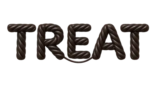 The word TREAT spelled in five plump letters twisted from thick black licorice candy rope, satin sheen on every curve and one thin strand stretching taut from the R's leg to the A's foot, floating on a transparent background. A halloween candy lettering word asset for party graphics, stickers and headlines.
