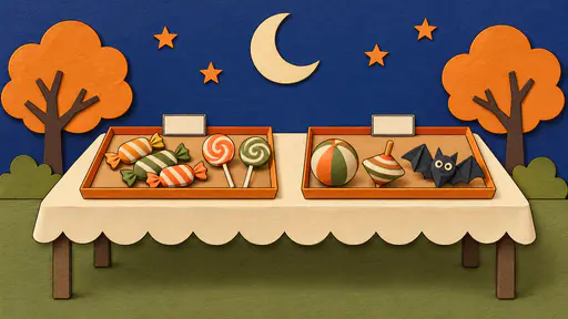 Layered cut-paper illustration of a Halloween party treat table holding two blank-labeled trays, the left with striped paper candies and swirled lollipops, the right with a ball, spinning top and folded paper bat, under an indigo wall with a crescent moon and paper trees.