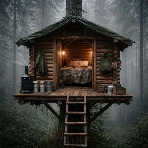 Photorealistic treehouse cabin perched in a misty pine, composed as a square poster image that preserves cozy interior detail, rainy atmosphere, and log textures.