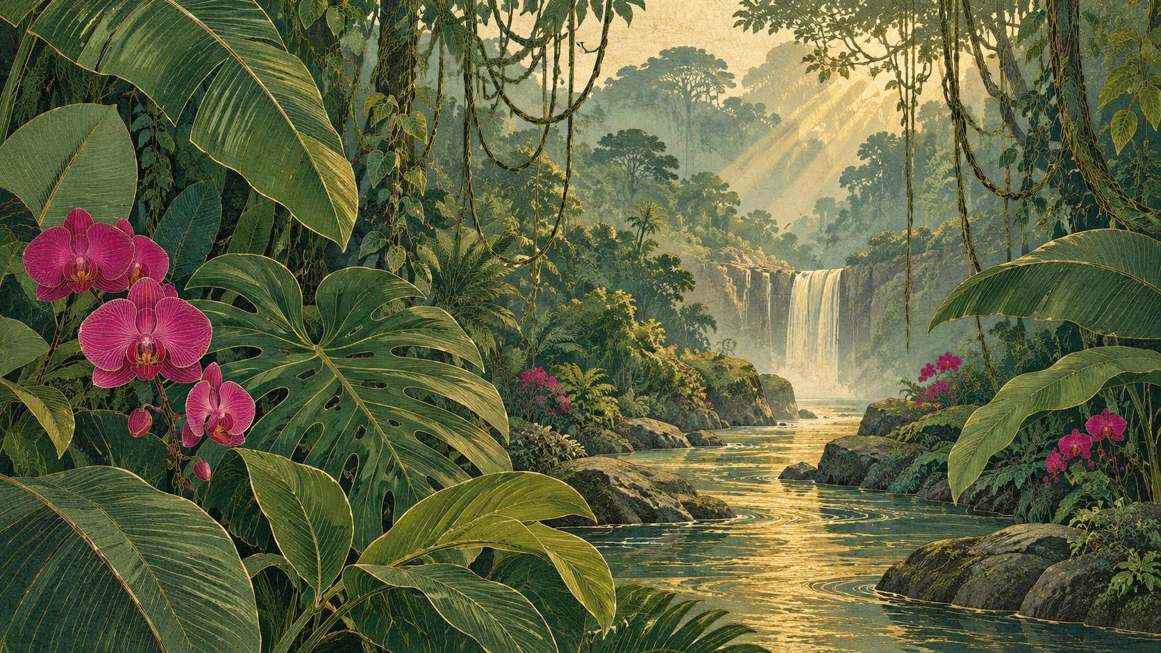 A dense tropical jungle has giant leaves, hanging lianas, a winding stream and shafts of sunlight through the canopy with a few bright orchids and a distant waterfall.