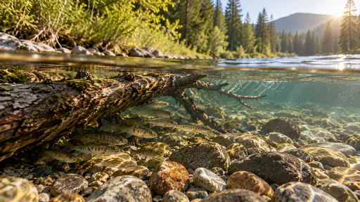 A cluster of tiny trout fry holds station in the gentle current in the lee of a sunken tree branch lying on a clean gravel bed in a clear cold river pool in morning light.