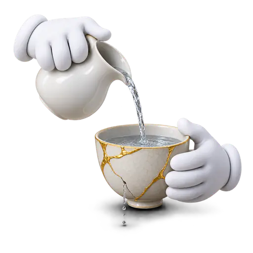 Trust is a cup that leaks through old cracks — two white cartoon gloves pour a thin stream of clear water into a kintsugi-repaired ceramic cup veined with intact gold seams, while a separate fine trickle escapes through one unrepaired hairline crack in its lower body and falls toward the soft contact shadow. Past damage can make it difficult to retain new reassurance.