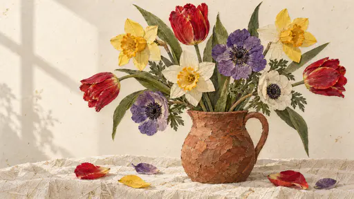 A bouquet of tulips, daffodils and anemones stands in a clay pitcher with petals and leaves built from pressed plant pieces on a cream ground.