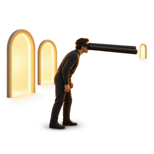 Tunnel vision: An adult in profile wearing long black viewing tubes aimed at one tiny glowing doorway, while two wide luminous archways stand open and unnoticed outside the tubes' axis, isolated on transparency.